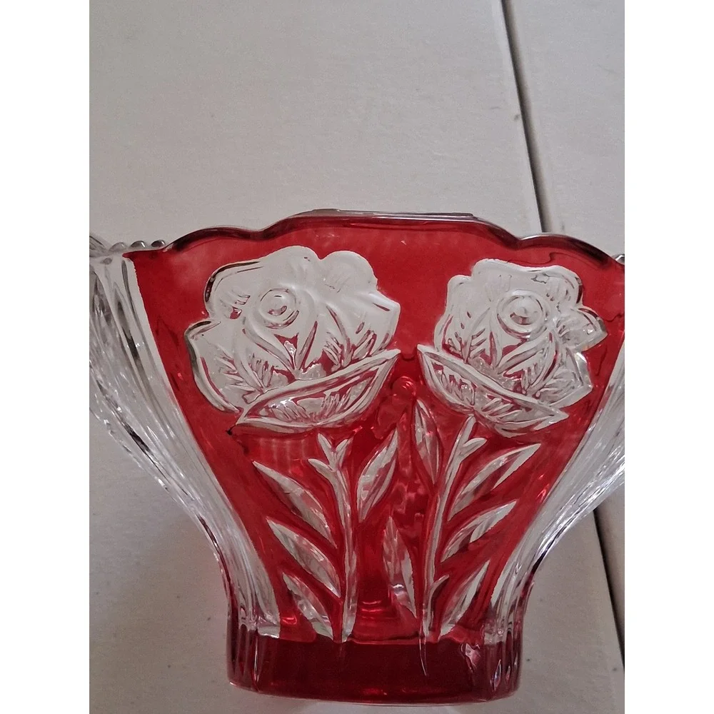 Crystal Clear Ruby Red Flashed Lead Crystal Vase Frosted Roses Made in Germany